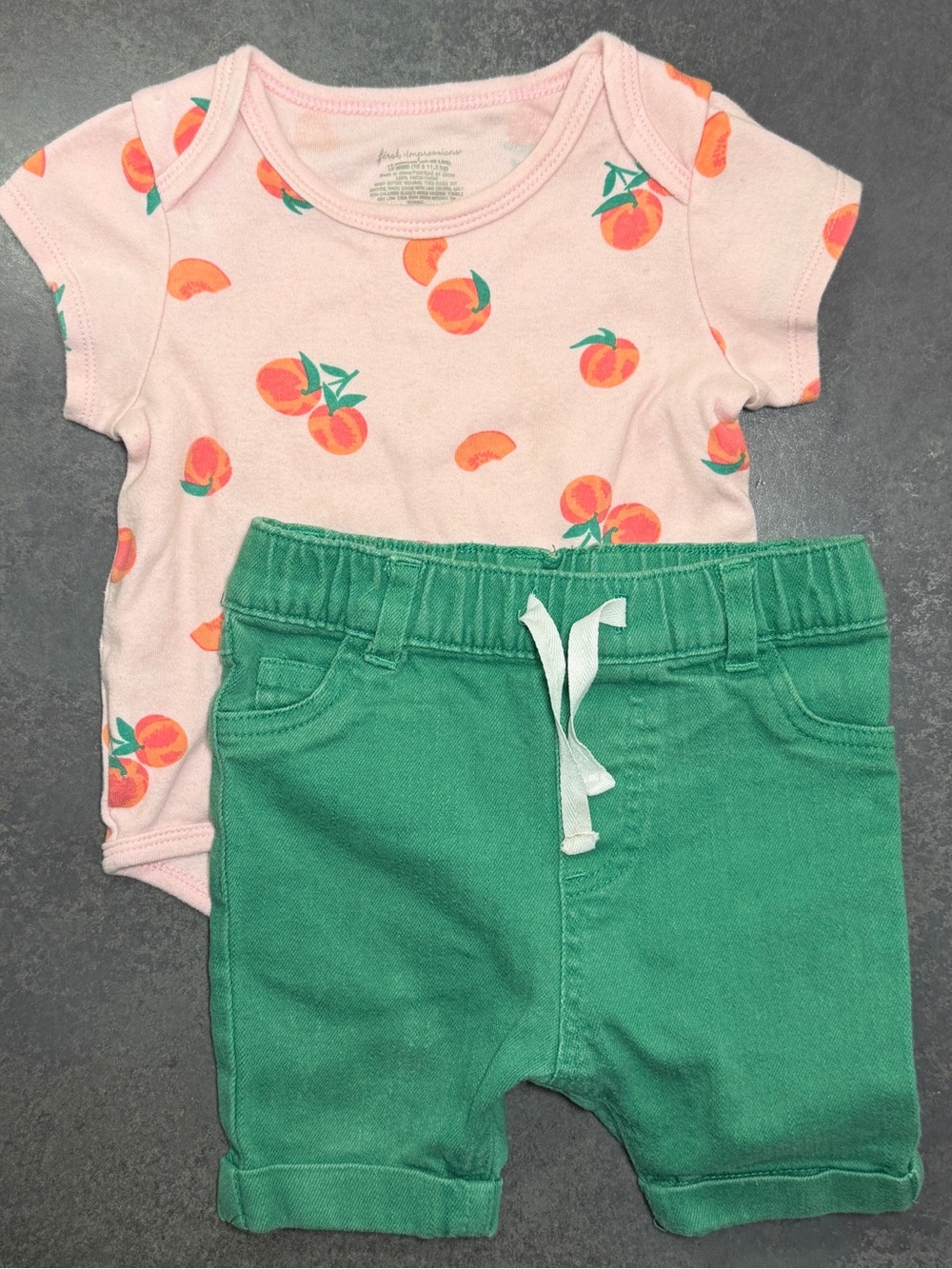 First Impressions 12M Peach Print Bodysuit & Green Shorts Outfit Set